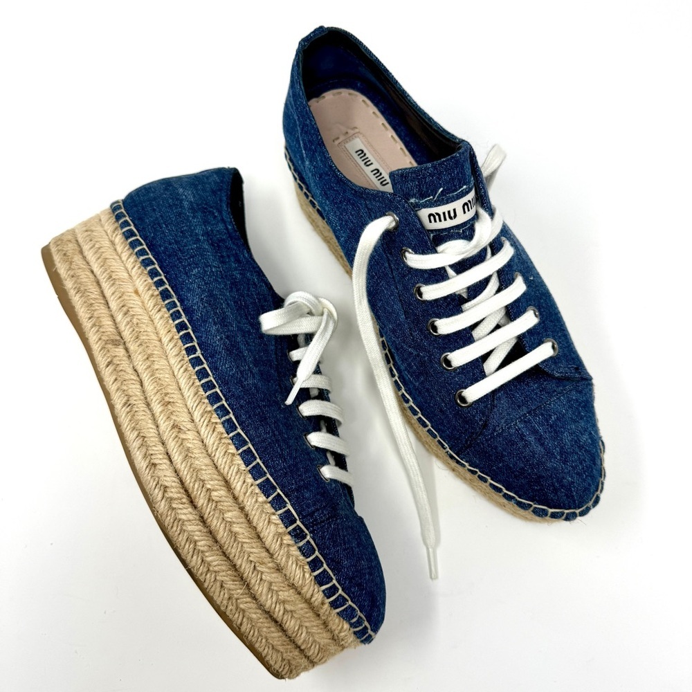 Miu Miu Denim Platform Espadrille Sneakers in Blue and Natural